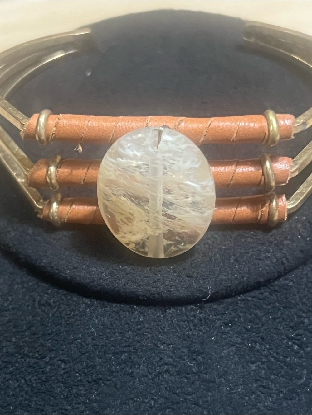 Gold tone Metal & Leather Wrap Bracelet with Clear Stone Accent